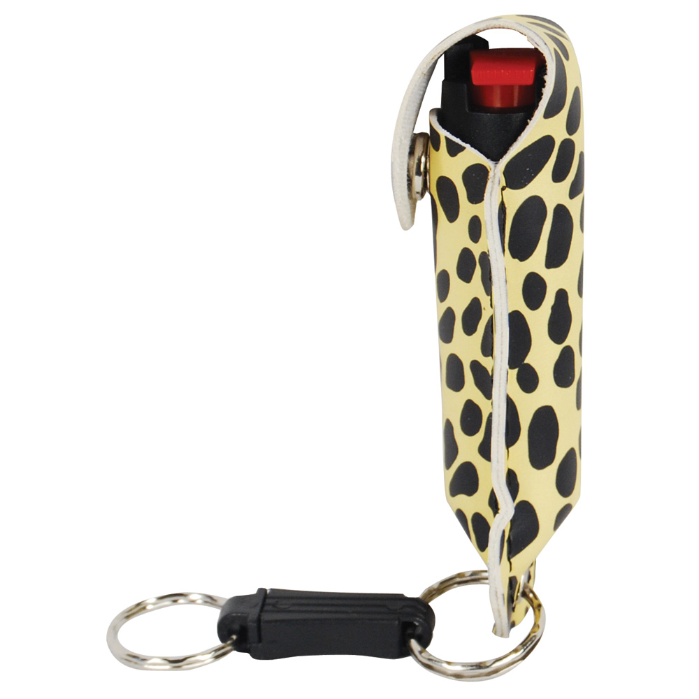 Wildfire 1.4% MC 1/2 oz pepper spray fashion leatherette holster and quick release keychain cheetah black/yellow view 3